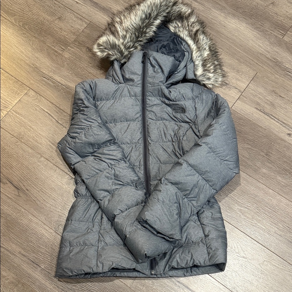 Women's Gray Puffer Jacket with Faux Fur Hood